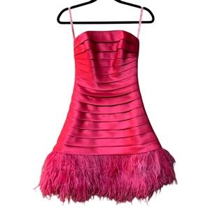 Flirt by Maggie Sottero Hot Pink Feather Trim Strapless Dress 4 Party Cocktail